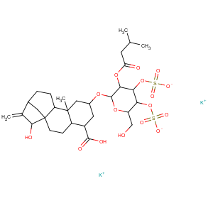 CAS No:102130-43-8 19-Norkaur-16-en-18-oicacid, 15-hydroxy-2-[[2-O-(3-methyl-1-oxobutyl)-3,4-di-O-sulfo-b-D-glucopyranosyl]oxy]-,dipotassium salt, (2b,15a)- (9CI)