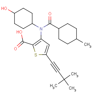 CAS No:1026785-59-0 5-(3,<br />3-dimethylbut-1-ynyl)-3-[(4-hydroxycyclohexyl)-(4-<br />methylcyclohexanecarbonyl)amino]thiophene-2-carboxylic acid