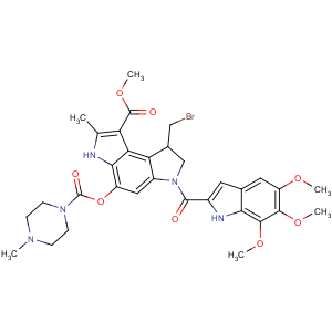 CAS No:134106-78-8 Benzo[1,2-b:4,3-b']dipyrrole-1-carboxylic acid, 8-(bromomethyl)-3,6,7,8-tetrahydro-2-methyl-4-[[(4-methyl-1-piperazinyl)carbonyl]oxy]-6-[(5,6,7-trimethoxy-1H-indol-2-yl)carbonyl]-,methyl ester