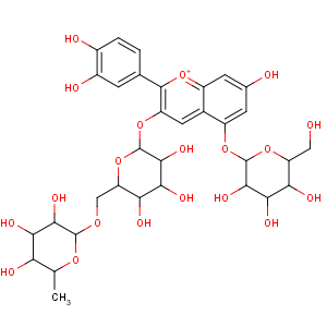 CAS No:135558-26-8 1-Benzopyrylium,3-[[6-O-(6-deoxy-a-L-mannopyranosyl)-b-D-glucopyranosyl]oxy]-2-(3,4-dihydroxyphenyl)-5-(b-D-glucopyranosyloxy)-7-hydroxy-(9CI)