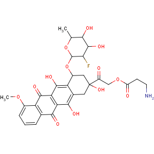 CAS No:140637-86-1 L-Alanine,2-[4-[(2,6-dideoxy-2-fluoro-a-L-talopyranosyl)oxy]-1,2,3,4,6,11-hexahydro-2,5,12-trihydroxy-7-methoxy-6,11-dioxo-2-naphthacenyl]-2-oxoethylester, hydrochloride, (2S-cis)- (9CI)