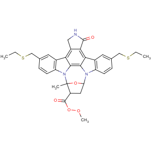 CAS No:156177-65-0 9,12-Epoxy-1H-diindolo[1,2,3-fg:3',2',1'-kl]pyrrolo[3,4-i][1,6]benzodiazocine-10-carboxylicacid,5,16-bis[(ethylthio)methyl]-2,3,9,10,11,12-hexahydro-10-hydroxy-9-methyl-1-oxo-,methyl ester, (9S,10R,12R)-