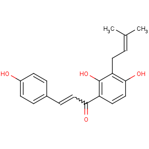 CAS No:20784-50-3 (E)-1-[2,<br />4-dihydroxy-3-(3-methylbut-2-enyl)phenyl]-3-(4-hydroxyphenyl)prop-2-en-<br />1-one