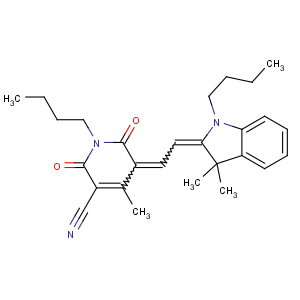 CAS No:233748-97-5 1-butyl-5-[2-(1-butyl-3,<br />3-dimethylindol-2-ylidene)ethylidene]-4-methyl-2,<br />6-dioxopyridine-3-carbonitrile