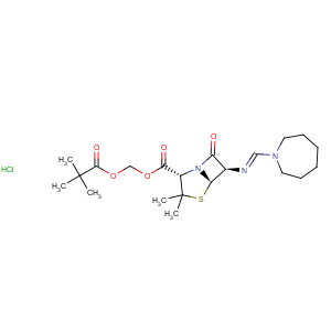 CAS No:32887-03-9 4-Thia-1-azabicyclo[3.2.0]heptane-2-carboxylicacid, 6-[[(hexahydro-1H-azepin-1-yl)methylene]amino]-3,3-dimethyl-7-oxo-,(2,2-dimethyl-1-oxopropoxy)methyl ester, hydrochloride (1:1), (2S,5R,6R)-