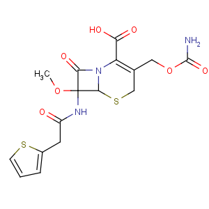 CAS No:35607-66-0 (6R,<br />7S)-3-(carbamoyloxymethyl)-7-methoxy-8-oxo-7-[(2-thiophen-2-ylacetyl)<br />amino]-5-thia-1-azabicyclo[4.2.0]oct-2-ene-2-carboxylic acid