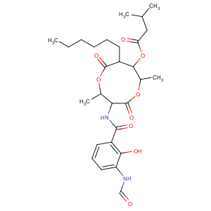 CAS No:642-15-9 Butanoic acid, 2(or3)-methyl-,(2R,3S,6S,7R,8R)-3-[[3-(formylamino)-2-hydroxybenzoyl]amino]-8-hexyl-2,6-dimethyl-4,9-dioxo-1,5-dioxonan-7-ylester (9CI)