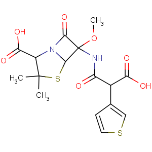 CAS No:66148-78-5 (2S,5R,6S)-6-[(2-carboxy-2-thiophen-3-ylacetyl)amino]-6-methoxy-3,<br />3-dimethyl-7-oxo-4-thia-1-azabicyclo[3.2.0]heptane-2-carboxylic acid