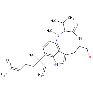 CAS No:70497-14-2 3H-Pyrrolo[4,3,2-gh]-1,4-benzodiazonin-3-one,9-[(1R)-1-ethenyl-1,5-dimethyl-4-hexen-1-yl]-1,2,4,5,6,8-hexahydro-5-(hydroxymethyl)-1-methyl-2-(1-methylethyl)-,(2S,5S)-