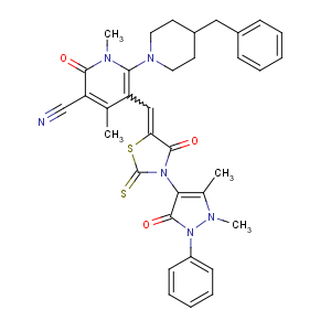 CAS No:7063-25-4 6-(4-benzyl-1-piperidyl)-5-[[3-(1,5-dimethyl-3-oxo-2-phenyl-pyrazol-4-yl)-4-oxo-2-sulfanylidene-thiazolidin-5-ylidene]methyl]-1,4-dimethyl-2-oxo-pyridine-3-carbonitrile