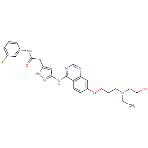 CAS No:722544-51-6 2-[3-[[7-[3-[ethyl(2-hydroxyethyl)amino]propoxy]quinazolin-4-yl]amino]-<br />1H-pyrazol-5-yl]-N-(3-fluorophenyl)acetamide
